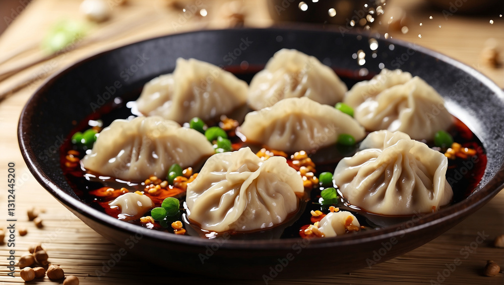 A Captivating Scene of Dumplings Splashing in Soy Sauce, Perfect for Asian Cuisine A Captivating Scene of Dumplings Splashing in Soy Sauce, Perfect for Asian Cuisine