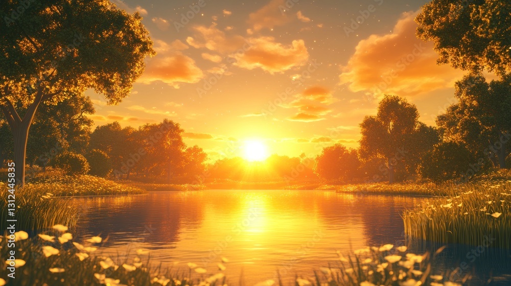 A beautiful serene scene featuring a lake and a lovely sunset A beautiful serene scene featuring a lake and a lovely sunset