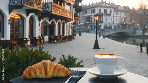 Obraz na płótnie A delicious croissant and coffee with a scenic city view w salonie