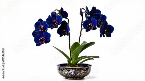 Elegant blue orchid plant in a decorative pot on a white background