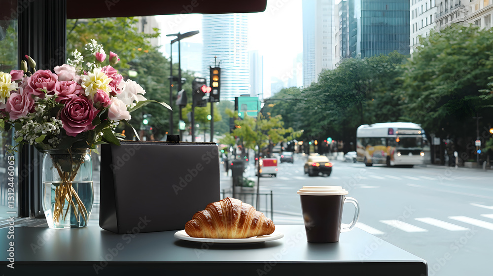A croissant coffee and flowers sit near a busy city street