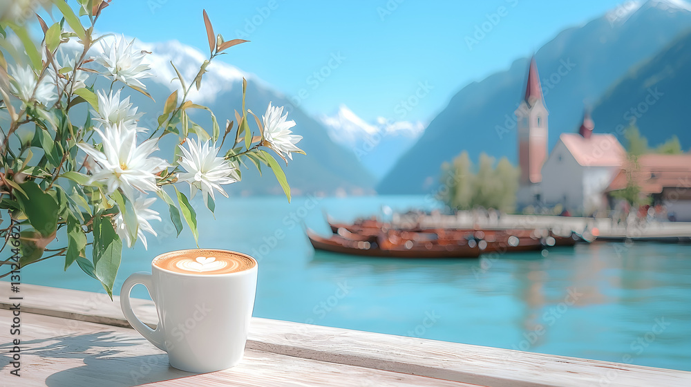 A coffee cup rests near flowers and a lake view