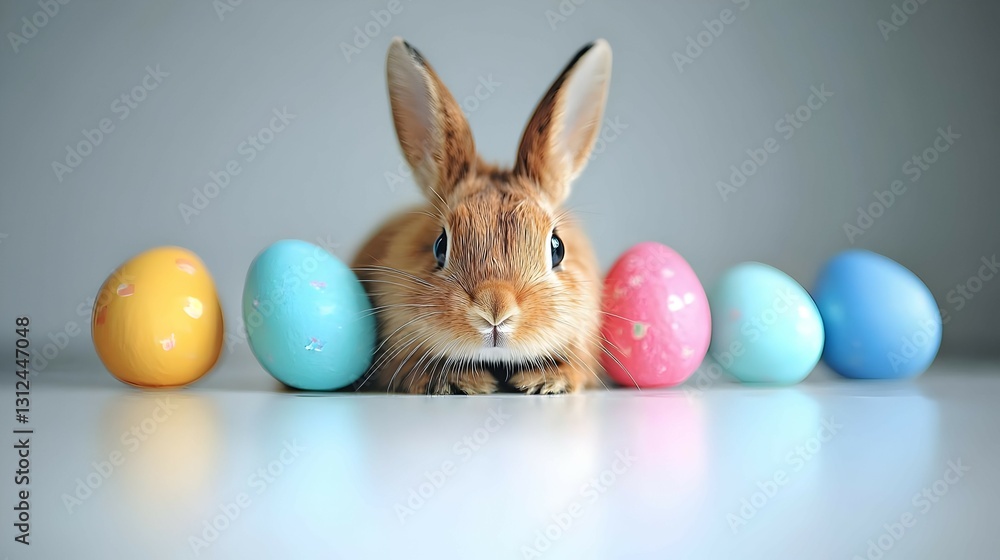 Brown Bunny Rabbit with Pastel Easter Eggs on White Background Brown Bunny Rabbit with Pastel Easter Eggs on White Background