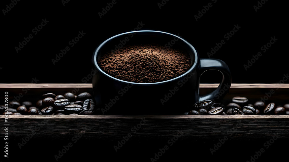 A black coffee cup filled with ground coffee beans