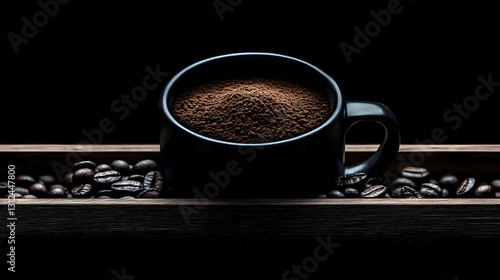A black coffee cup filled with ground coffee beans