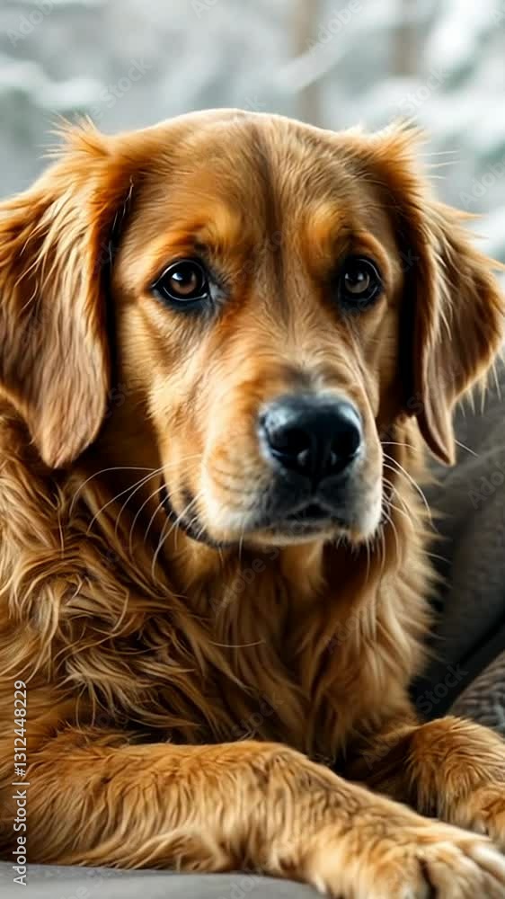 Adorable golden retriever with soft fur and warm brown eyes gazes attentively, expressing loyalty and intelligence. The gentle lighting highlights the dog's friendly and loving nature. Adorable golden retriever with soft fur and warm brown eyes gazes attentively, expressing loyalty and intelligence. The gentle lighting highlights the dog's friendly and loving nature.