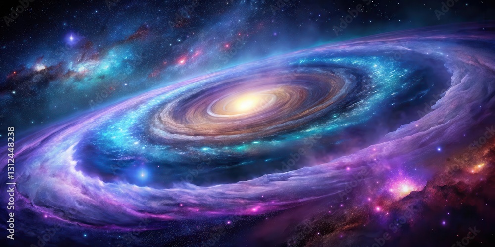 Vibrant cosmos scene with a swirling spiral galaxy in shades of purple and blue against a dark mysterious space background, astronomical art , spiral galaxy Vibrant cosmos scene with a swirling spiral galaxy in shades of purple and blue against a dark mysterious space background, astronomical art , spiral galaxy