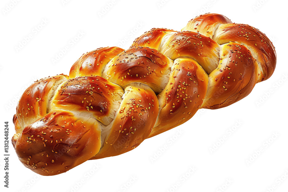 Golden Challah Loaf With Sesame Seeds On White. Freshly Baked, Jewish Traditional Bread. Golden Challah Loaf With Sesame Seeds On White. Freshly Baked, Jewish Traditional Bread.