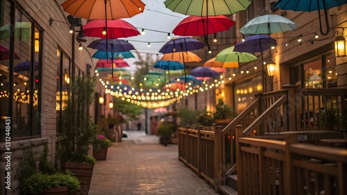 Vibrant Umbrella Canopy Cozy Outdoor Café Alley at Dusk V5