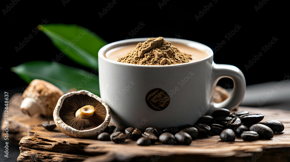 A cup of coffee beverage with mushroom powder and beans