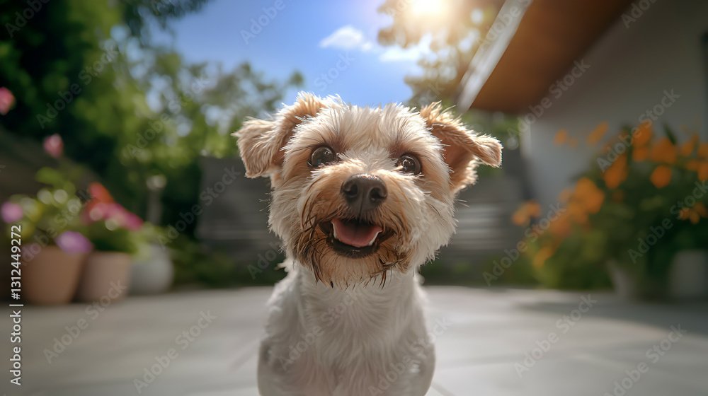 A happy small dog is smiling outdoors in sunshine
