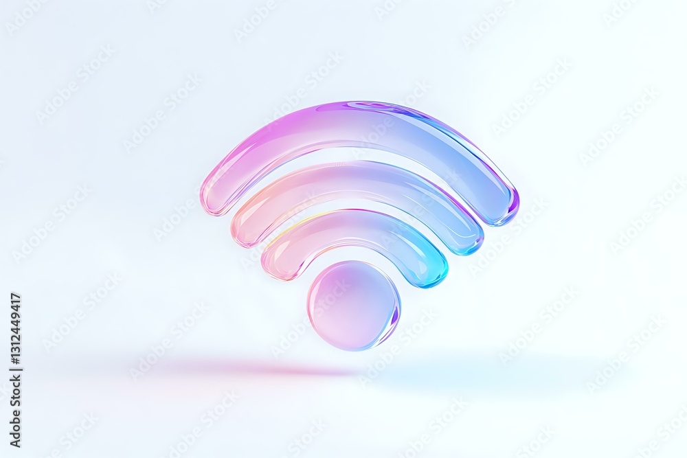 Glowing wifi symbol in gradient pink and blue colors on white background with soft shadows, modern minimal design for technology concepts. Glowing wifi symbol in gradient pink and blue colors on white background with soft shadows, modern minimal design for technology concepts.