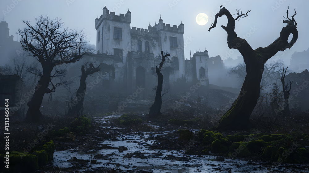Spooky haunted castle silhouetted with full moon and barren trees
