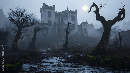 Obraz na płótnie Spooky haunted castle silhouetted with full moon and barren trees w salonie