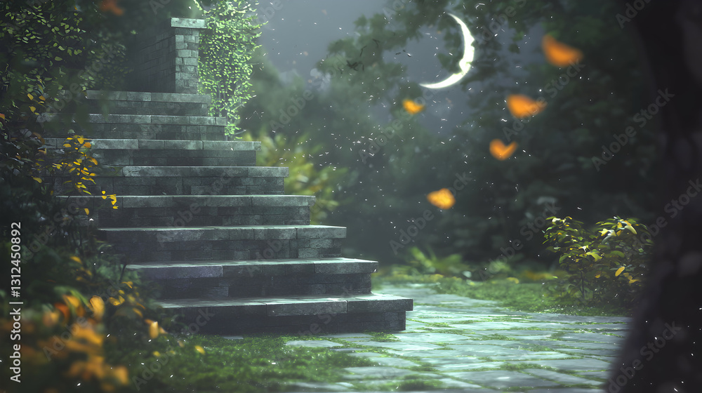 A stone staircase ascends in a mystical garden setting under moonlight
