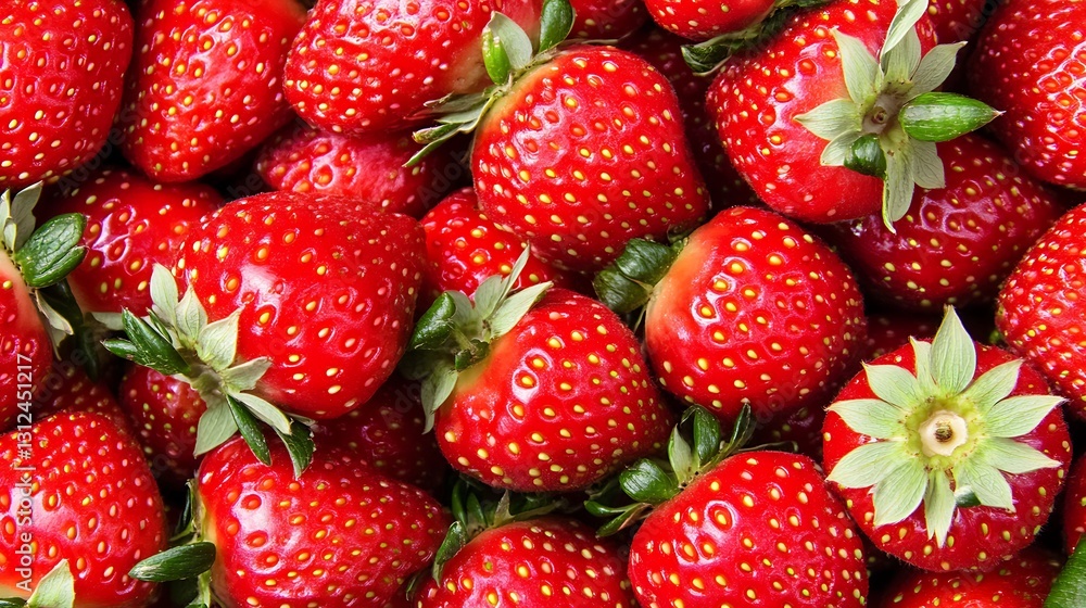 Strawberries pile closely; use for food blog banner with simple red, green, and natural background Strawberries pile closely; use for food blog banner with simple red, green, and natural background