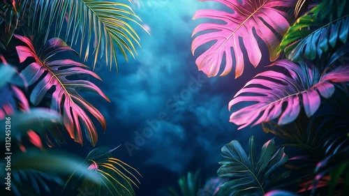 Wallpaper Mural Tropical Foliage Paradise: Lush tropical leaves with vibrant pink and green hues, set against a backdrop of deep blue, creates an immersive and exotic atmosphere. Torontodigital.ca