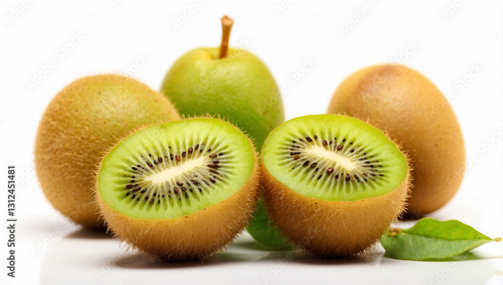 Fototapeta premium A Fresh Ripe Kiwi Fruit Isolated on White, Showcasing Its Unique Texture and Flavor