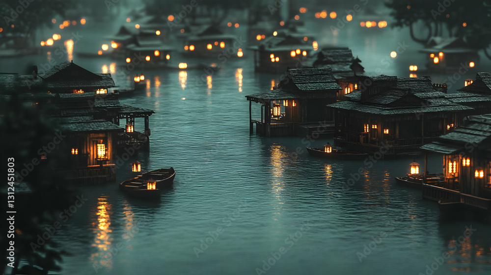 Night Village on Calm River with Glowing Lanterns Night Village on Calm River with Glowing Lanterns