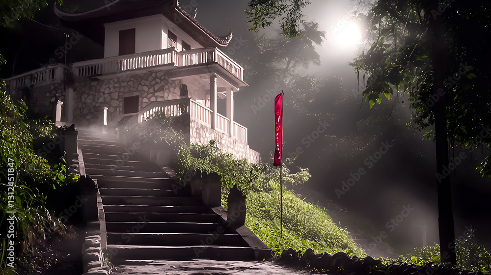 A beautiful temple on a foggy hill in the evening