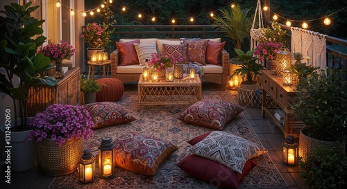 Cozy Outdoor Patio with Pillows, Lanterns, and String Lights at Night
