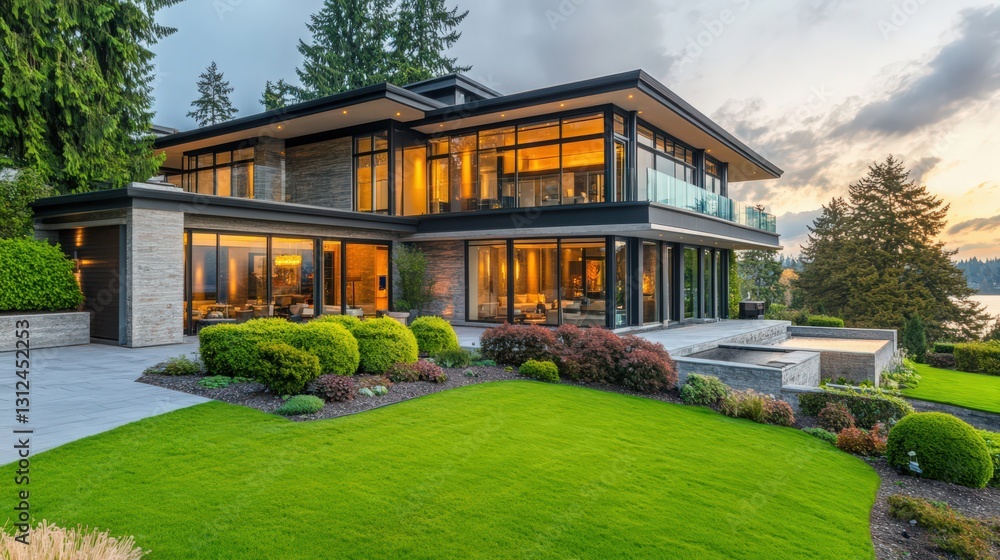 Exclusive architectural design showcasing a modern luxury home and landscape Exclusive architectural design showcasing a modern luxury home and landscape