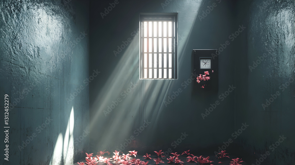 Interior view of an enclosed room with filtered sunlight and flowers