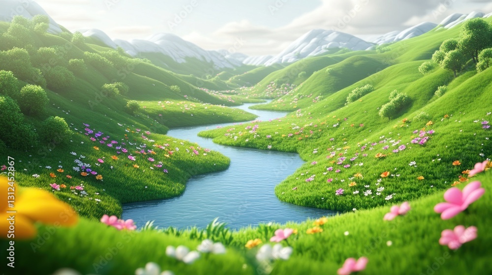 Naklejka premium A vibrant green landscape featuring a flowing river through green hills