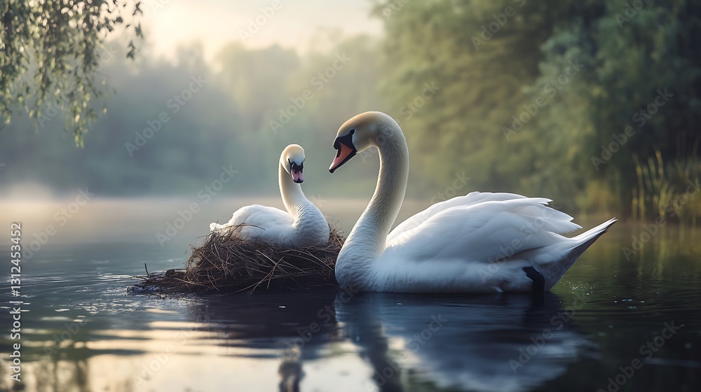 Fototapeta premium Swans Nesting Together on Calm River at Sunrise