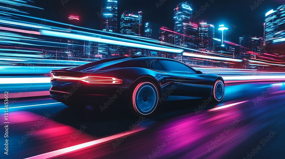 A futuristic sleek black car speeding quickly through a city at night A futuristic sleek black car speeding quickly through a city at night