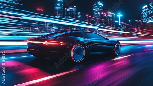 A futuristic sleek black car speeding quickly through a city at night