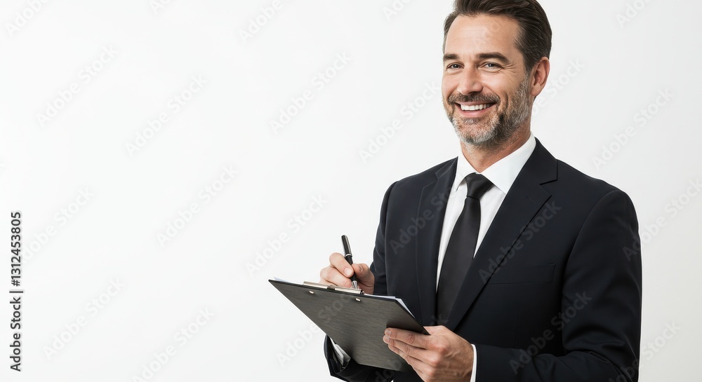 Confident businessman in dark suit holding clipboard with pen and charismatic smile Confident businessman in dark suit holding clipboard with pen and charismatic smile