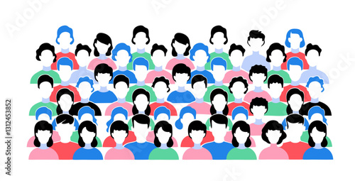 Vector illustration of a diverse group of people, colorful crowd silhouettes representing teamwork, community, society, unity, and social connections.