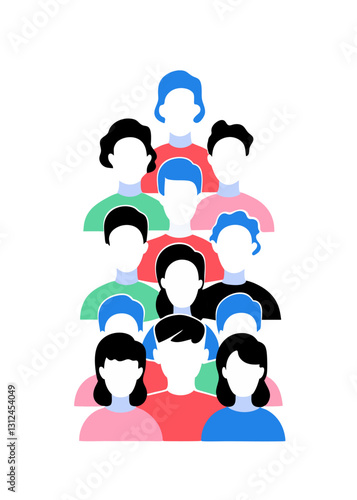 Vector illustration of a diverse group of people, colorful crowd silhouettes representing teamwork, community, society, unity, and social connections.