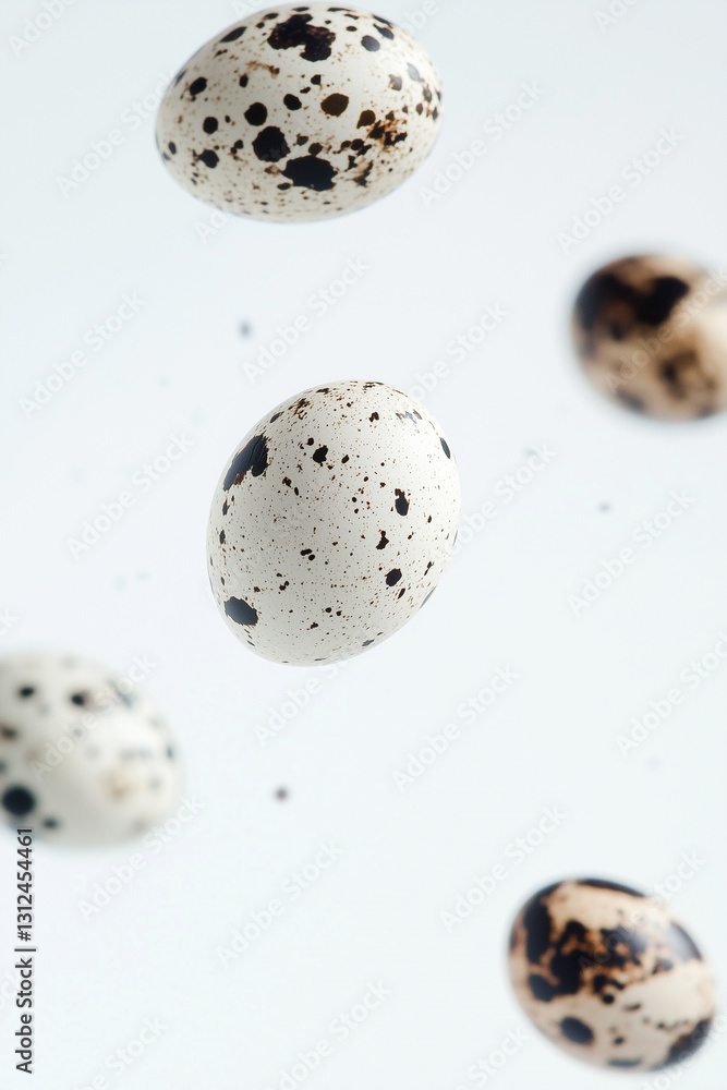 Quail eggs seemingly floating in the air against a bright background in a minimalist style