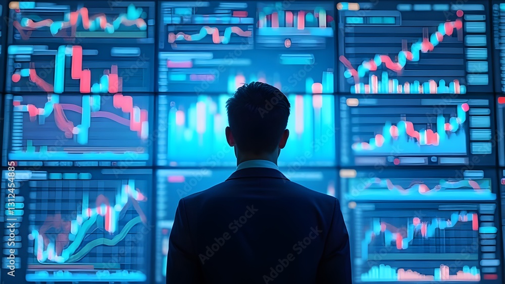 Investor analyzing stock market trends, financial data, and trading graphs Investor analyzing stock market trends, financial data, and trading graphs