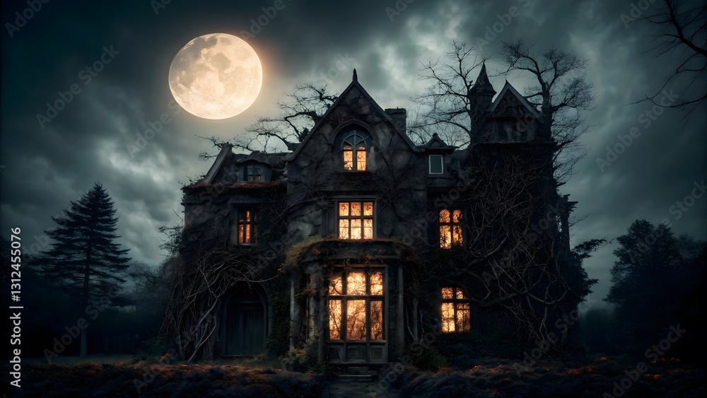 Fototapeta premium Mysterious Haunted House with Full Moon and Silhouette Perfect for Halloween