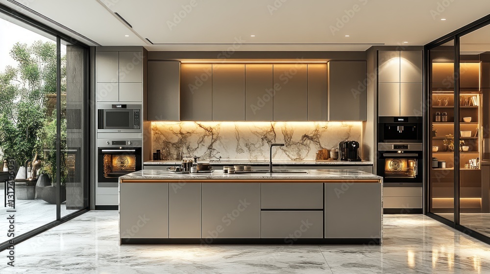 A modern kitchen showcasing sophisticated design and upscale appliances A modern kitchen showcasing sophisticated design and upscale appliances