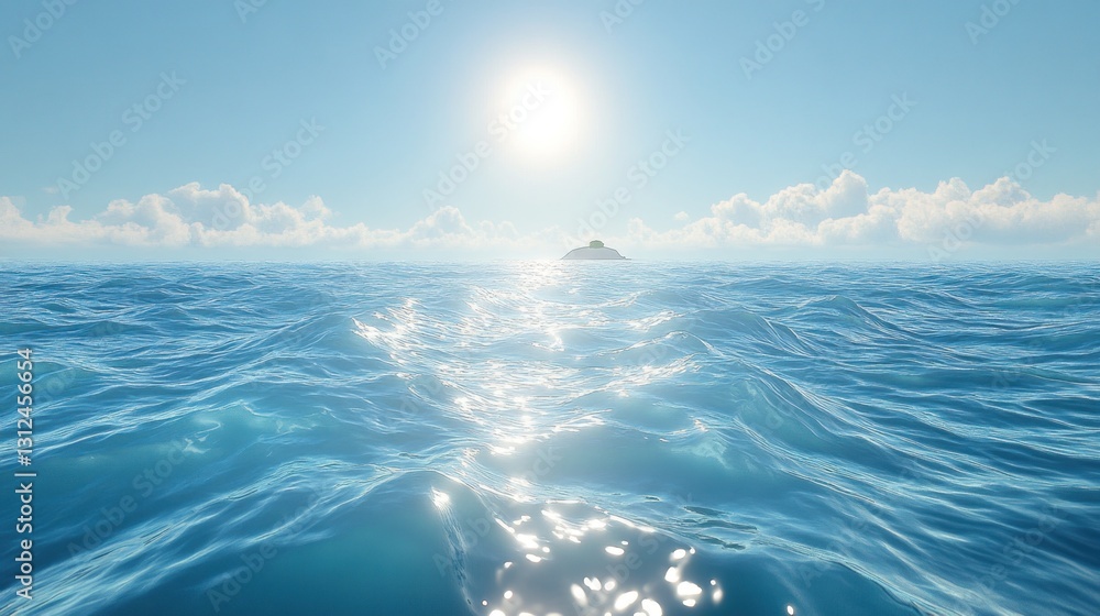 Obraz premium An expansive ocean scene with a distant island and a bright sun