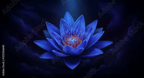 Blue Lotus Flower Blooming in Night with Dark, Dramatic Background