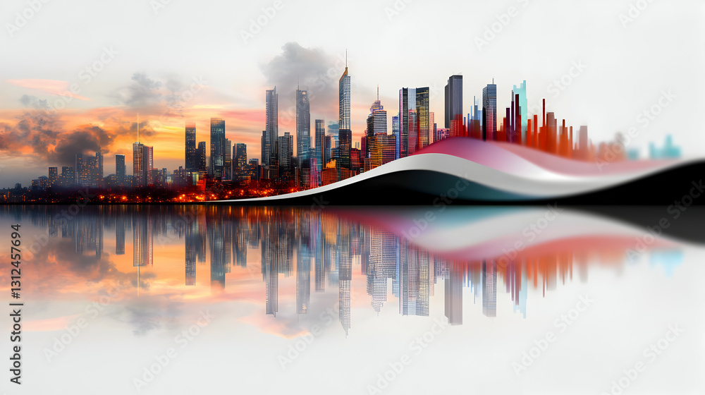 Illuminated cityscape reflecting in still water at sunset time