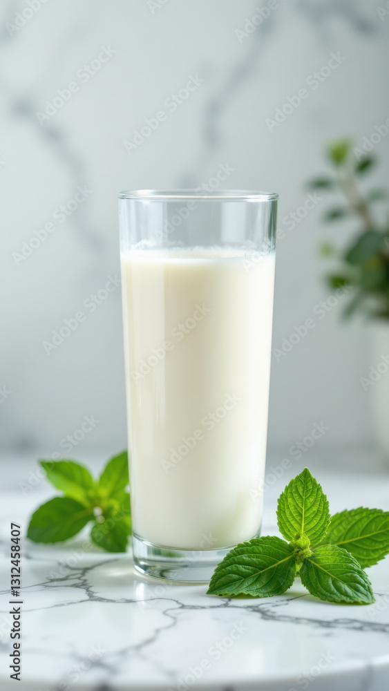 A clear glass filled with creamy white liquid, likely A2A2 milk, placed on a marble surface with a few sprigs of mint leaves nearby. A clear glass filled with creamy white liquid, likely A2A2 milk, placed on a marble surface with a few sprigs of mint leaves nearby.