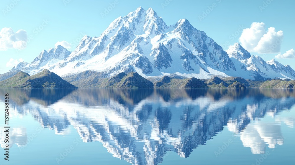 A majestic snow covered mountain range reflected in still water A majestic snow covered mountain range reflected in still water