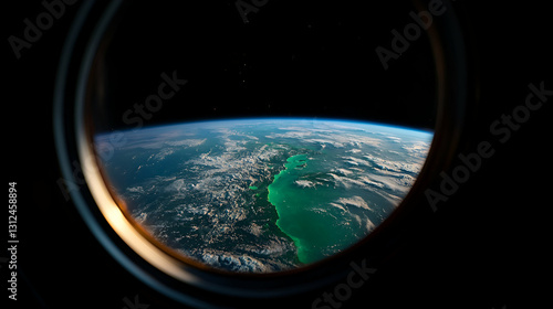 Earth seen from a window in the dark expanse of space