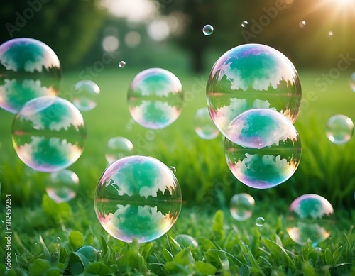 Floating bubbles over green grass in a sunny field photo