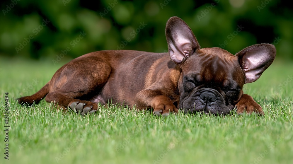 Brown French Bulldog Puppy Sleeping on Green Grass Brown French Bulldog Puppy Sleeping on Green Grass