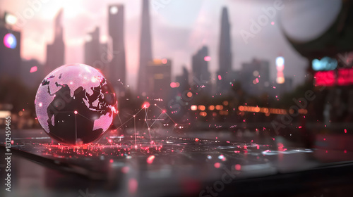 Illuminated globe depicting global connectivity above a city landscape