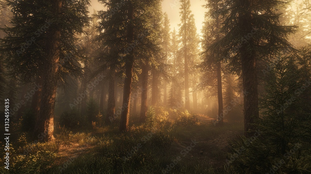 Obraz premium Misty sunrise in a dense coniferous forest.