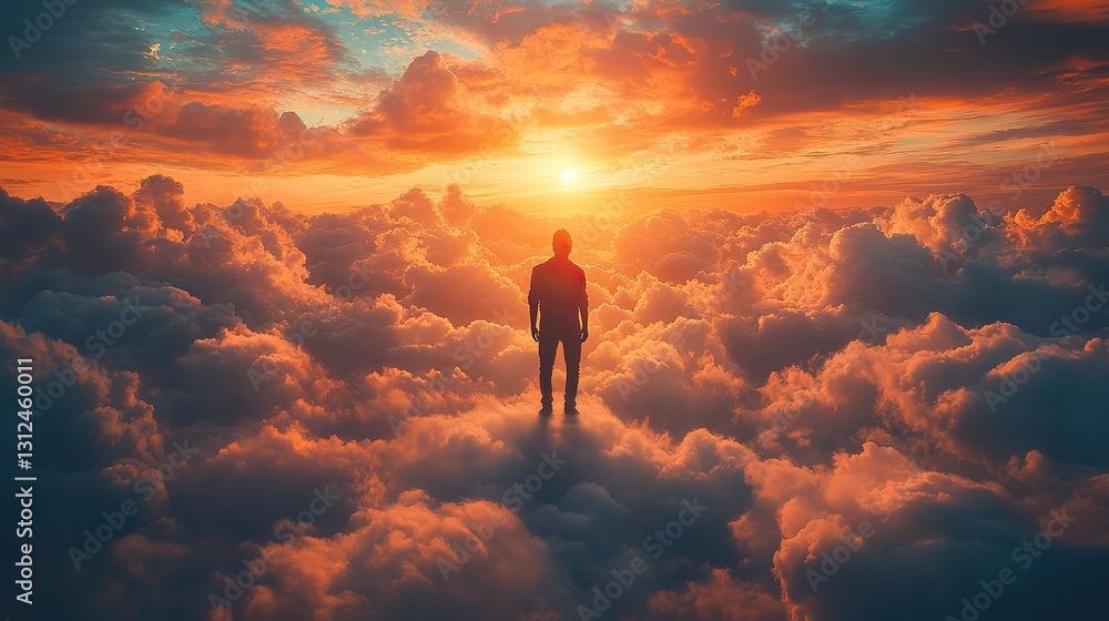 Fototapeta premium faith silhouette of man standing on cloud and looking at the light