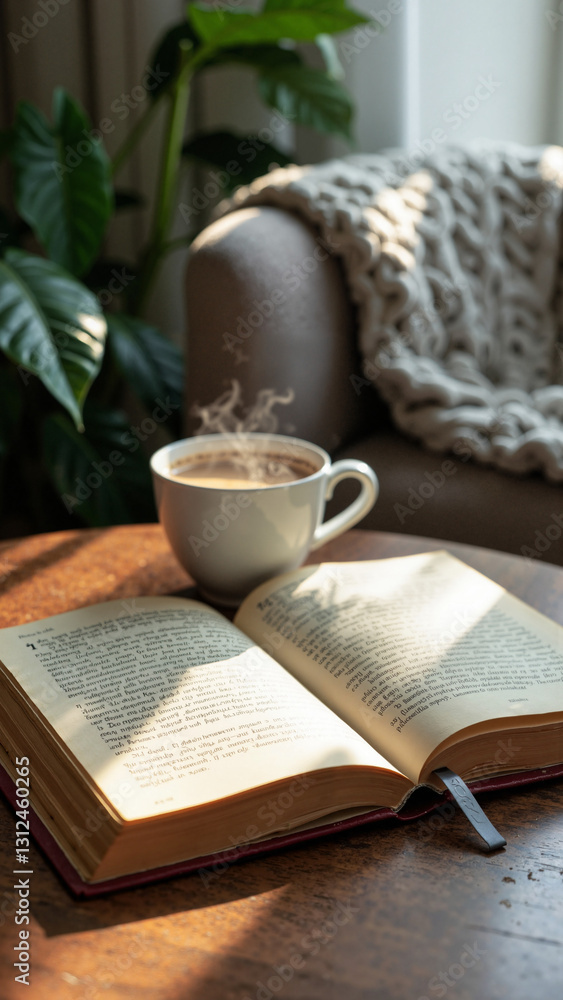 A Cozy Reading Nook: An Open Book on a Wooden Table with Coffee and Indoor Plants, Perfect for Editorial Use in Literature and Lifestyle Content A Cozy Reading Nook: An Open Book on a Wooden Table with Coffee and Indoor Plants, Perfect for Editorial Use in Literature and Lifestyle Content